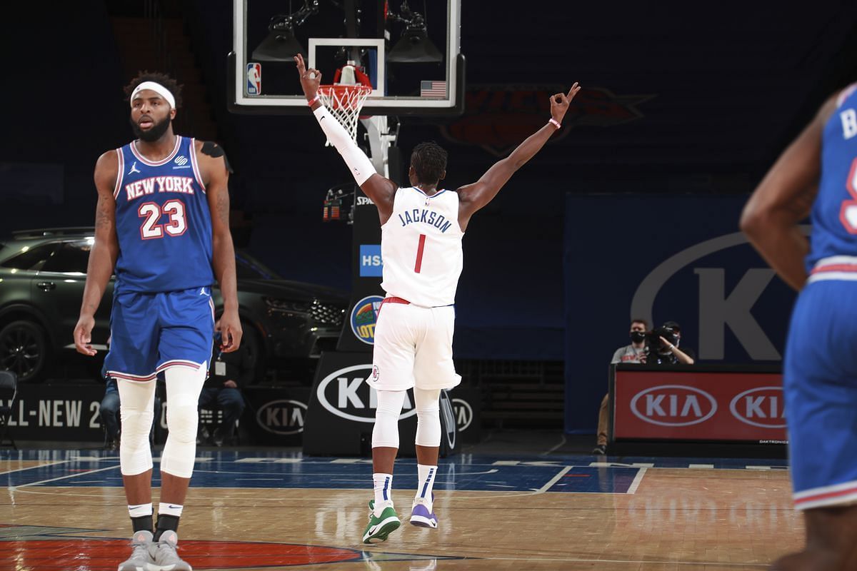 Reggie Jackson (#1) of the LA Clippers against the New York Knicks