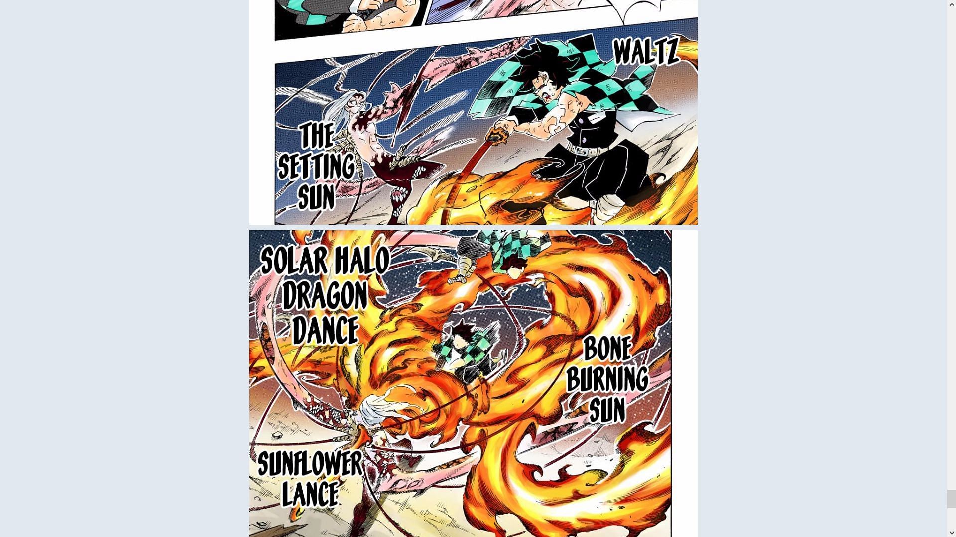 Tanjiro linking the last few forms of the Sun Breathing in Demon Slayer (Image via Koyoharu Gotouge)