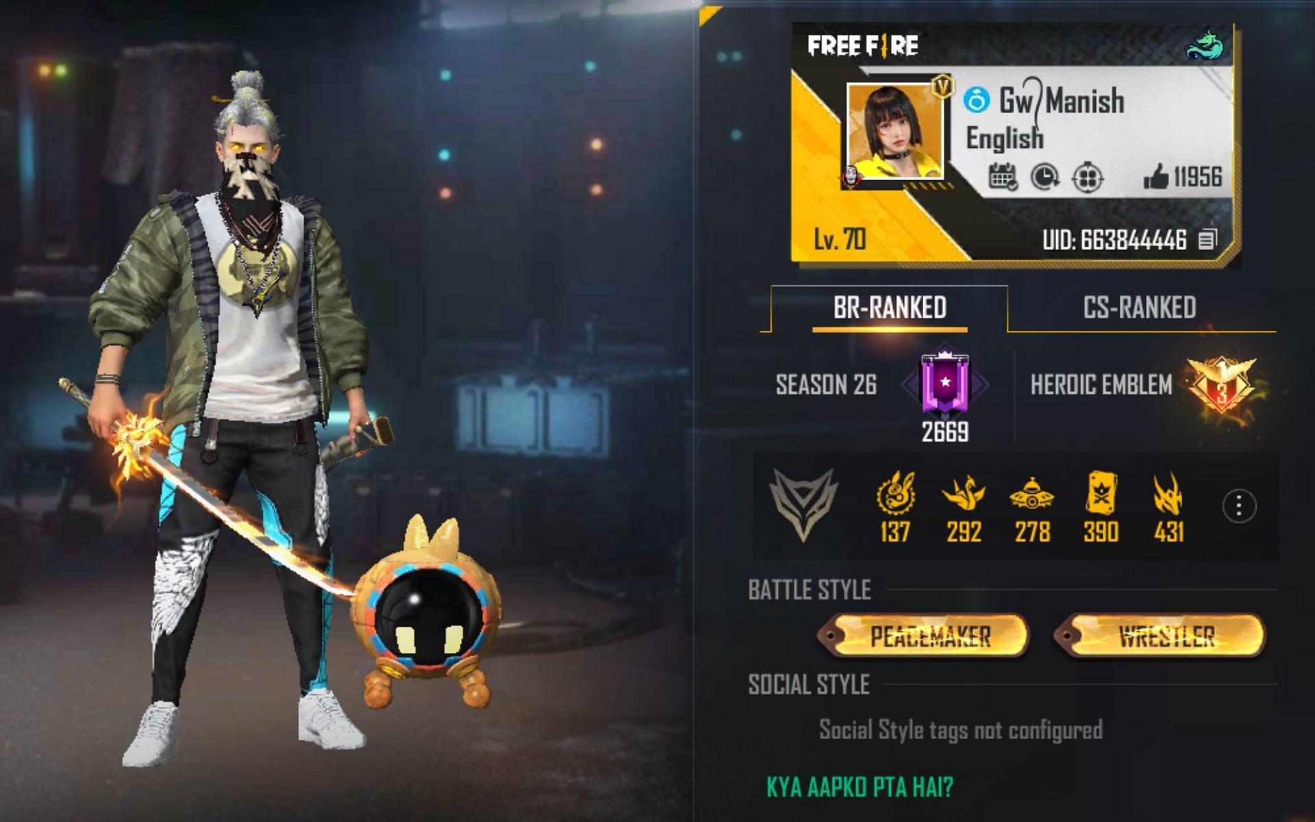 GW Manish&rsquo;s Free Fire MAX ID (Image via Garena)