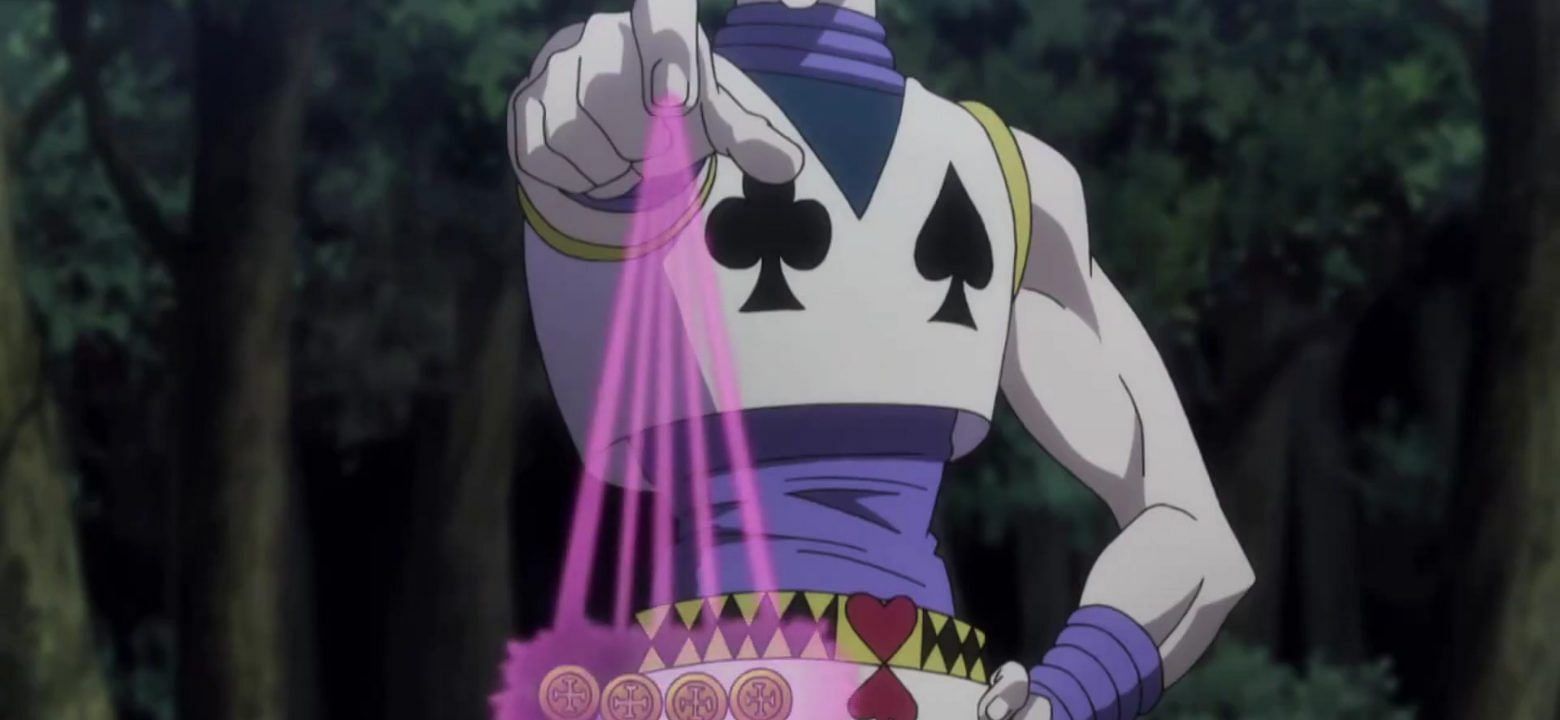 Hisoka using Bungee Gum to catch Gotoh&#039;s coins in &#039;Hunter X Hunter&#039; (Image via Madhouse)