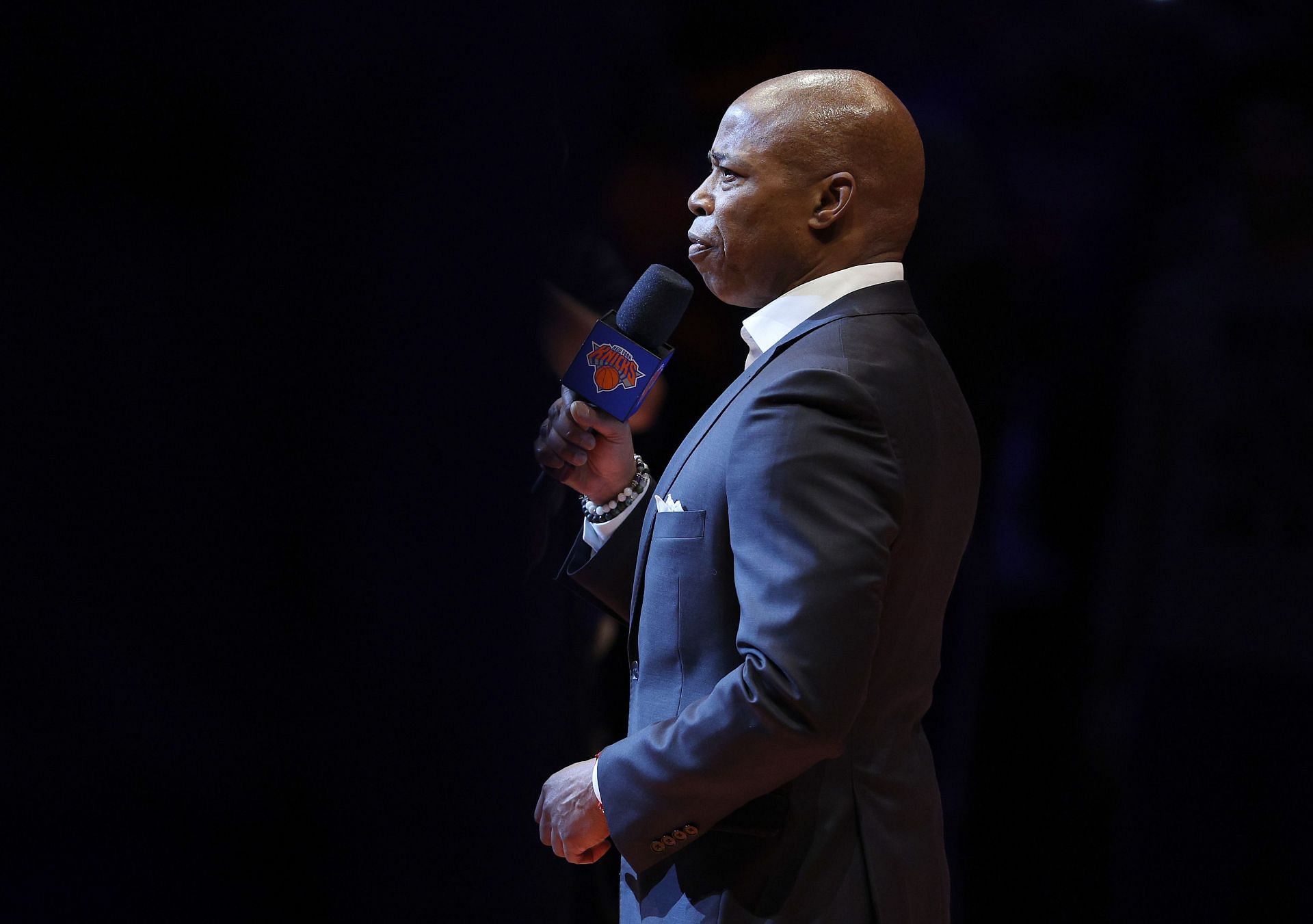New York City Mayor Eric Adams speaks during a Charlotte Hornets v New York Knicks game.
