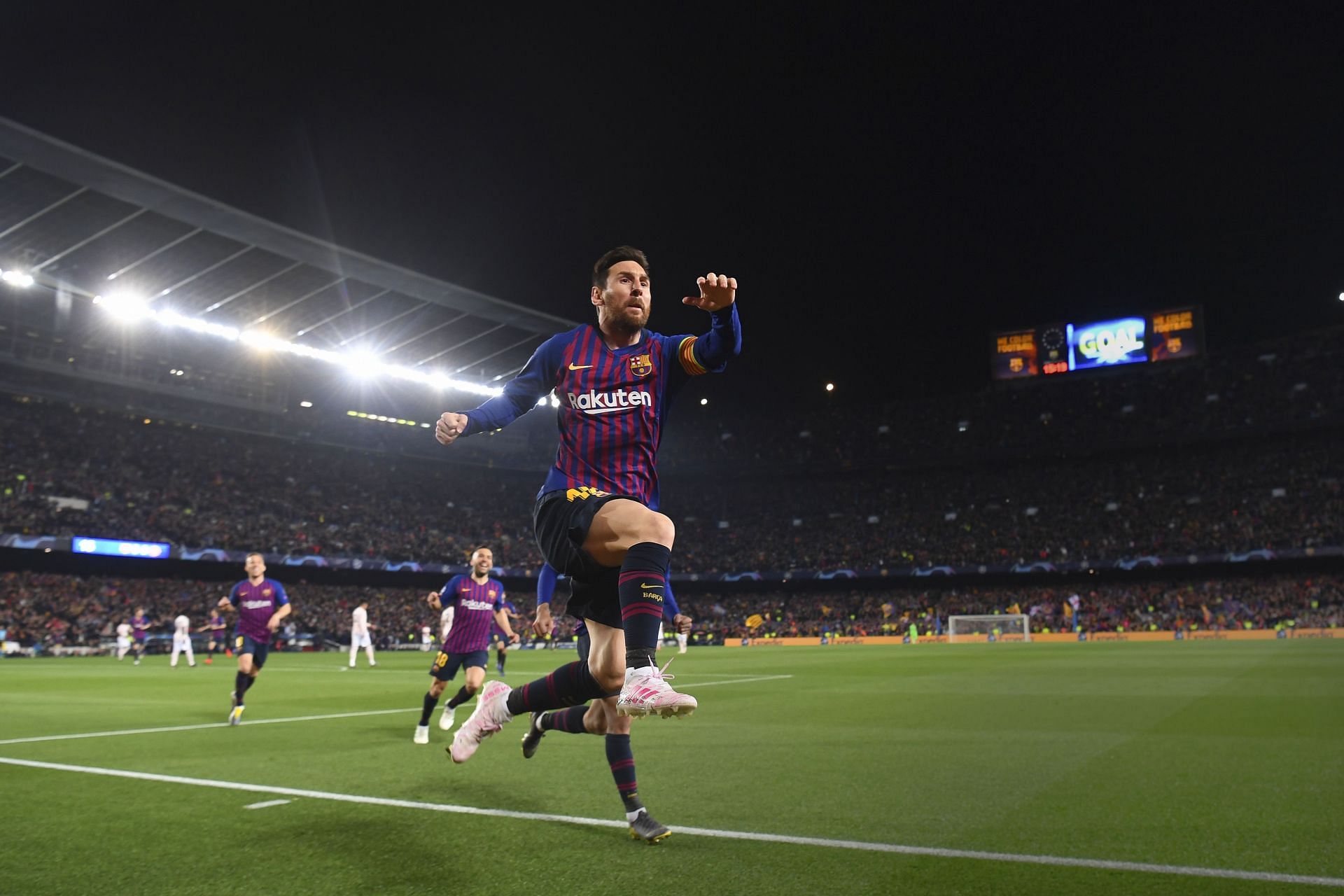 FC Barcelona v Manchester United: Messi celebrates after scoring