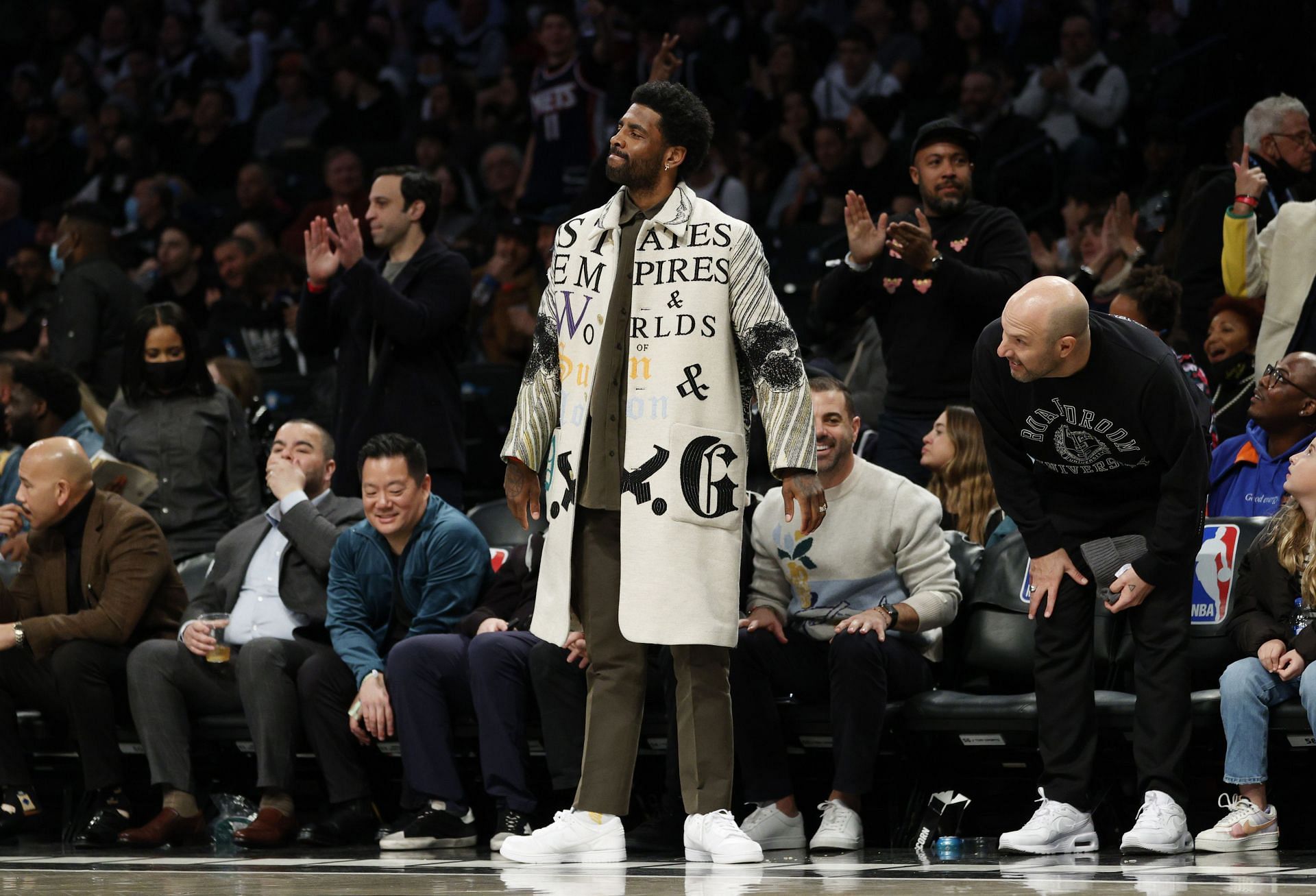 Kyrie Irving of the Brooklyn Nets attends the second half against the New York Knicks at Barclays Center on Sunday in the Brooklyn borough of New York City. The Nets won 110-107.