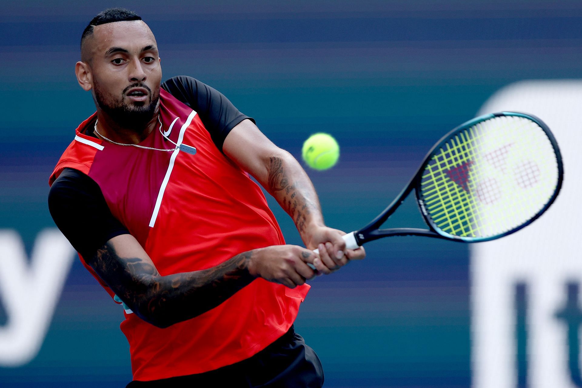 Kyrgios in action at the 2022 Miami Open