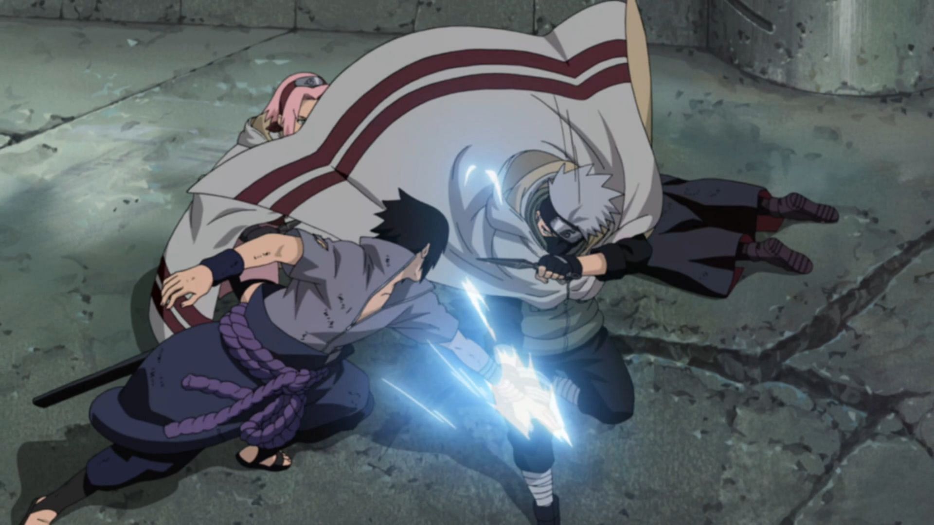 Kakashi stopping Sasuke&#039;s attempt to kill Sakura (Image via Studio Pierrot)
