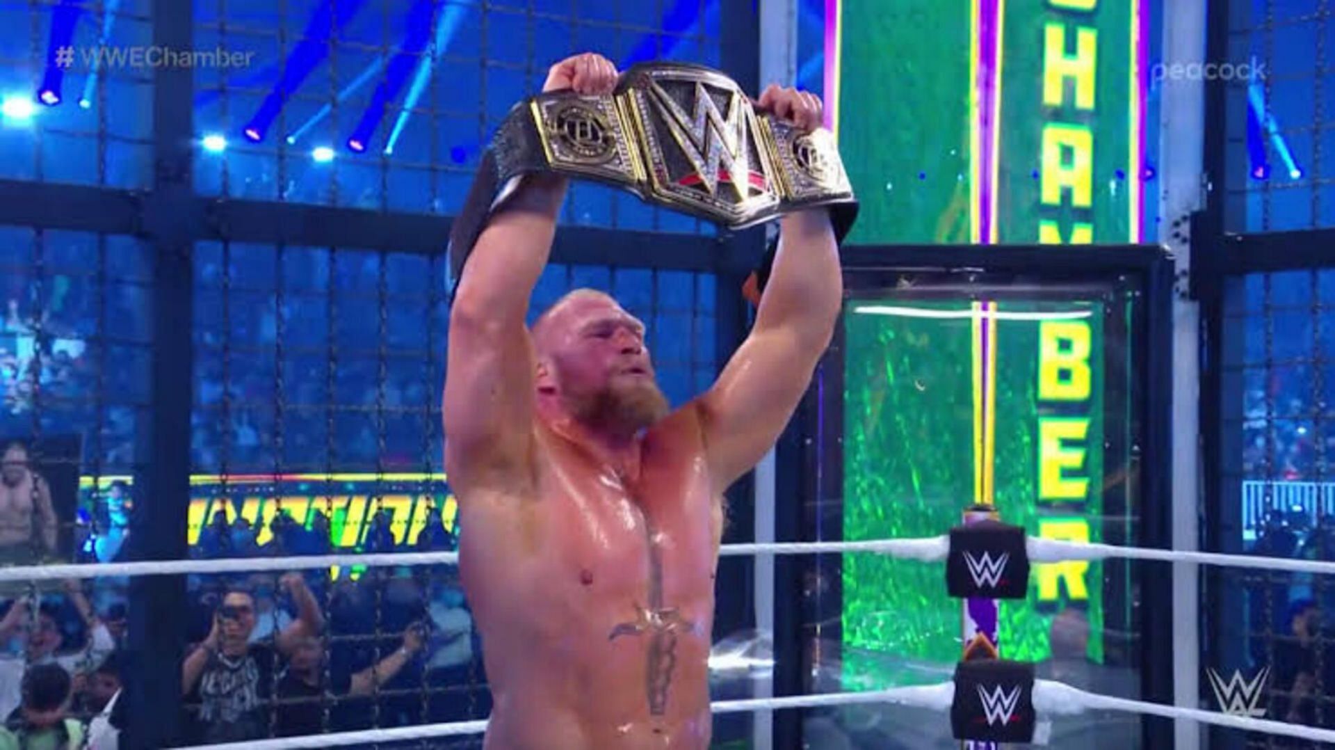 Lesnar after winning WWE Championship at Elimination Chamber.