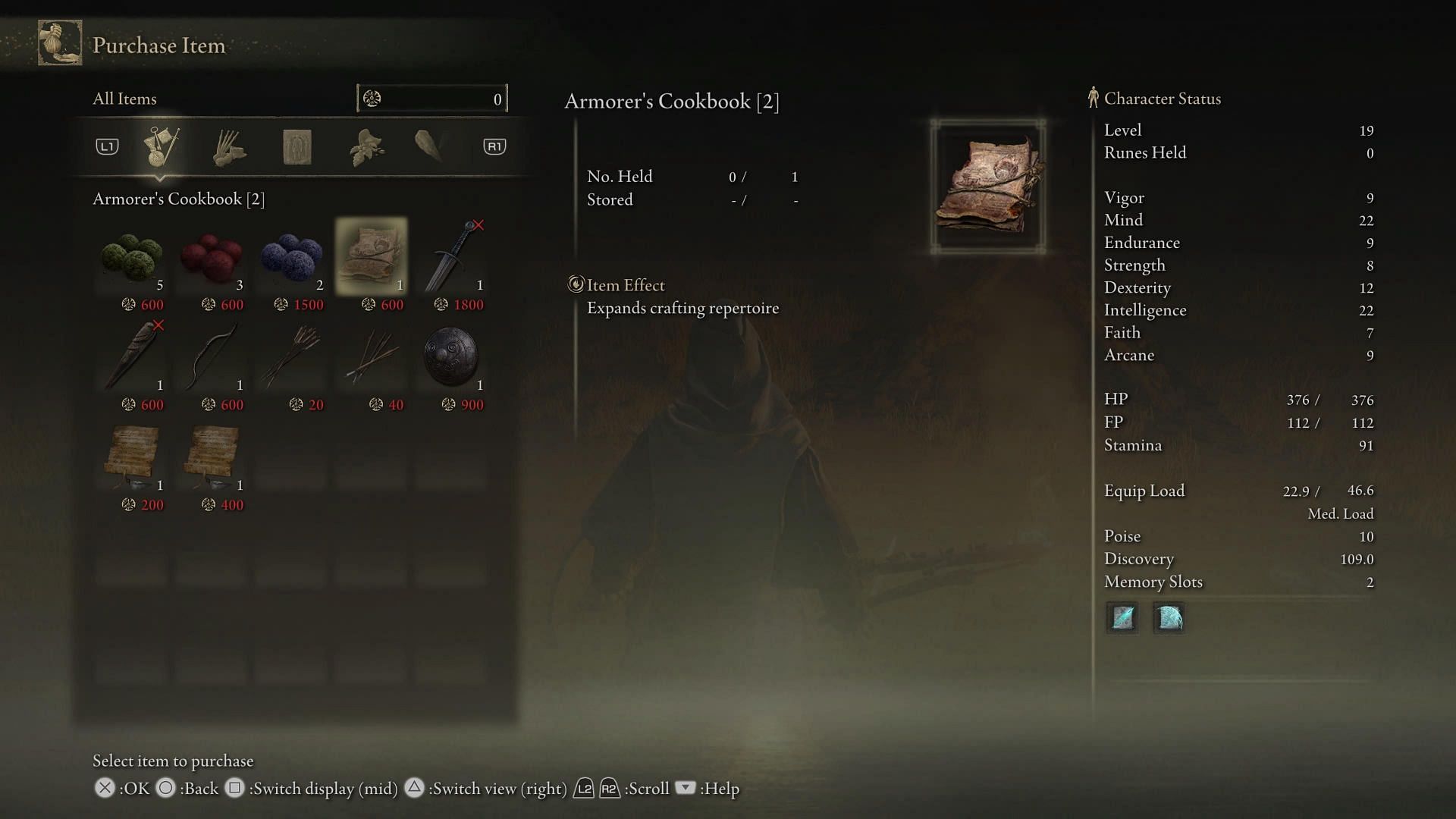 Players will be able to purchase the Armorer&#039;s Cookbook (2) if they have enough runes. (Image via Elden Ring)