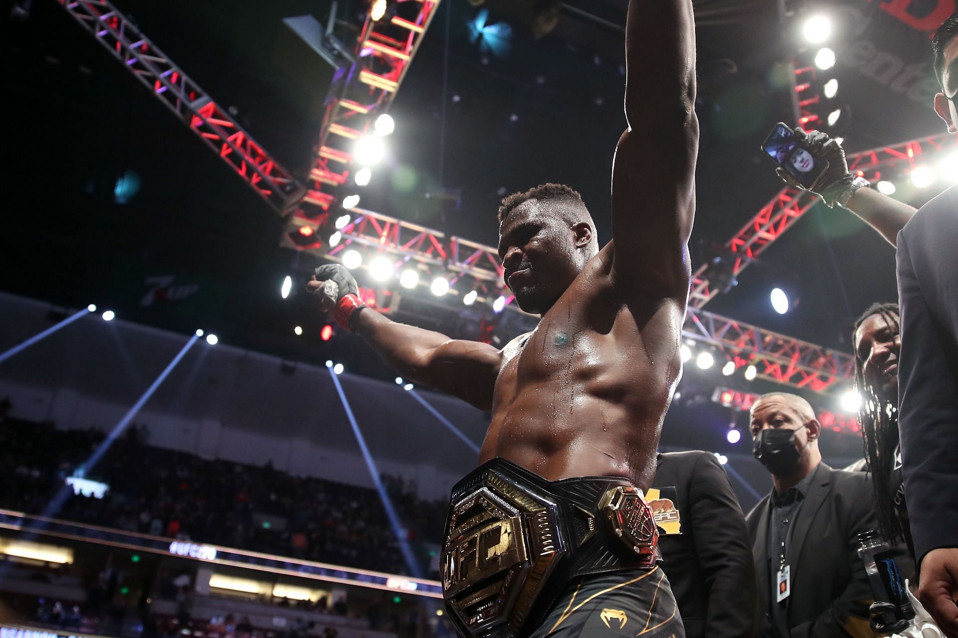 Francis Ngannou emerges victorious after his UFC 270 title fight against Ciryl Gane