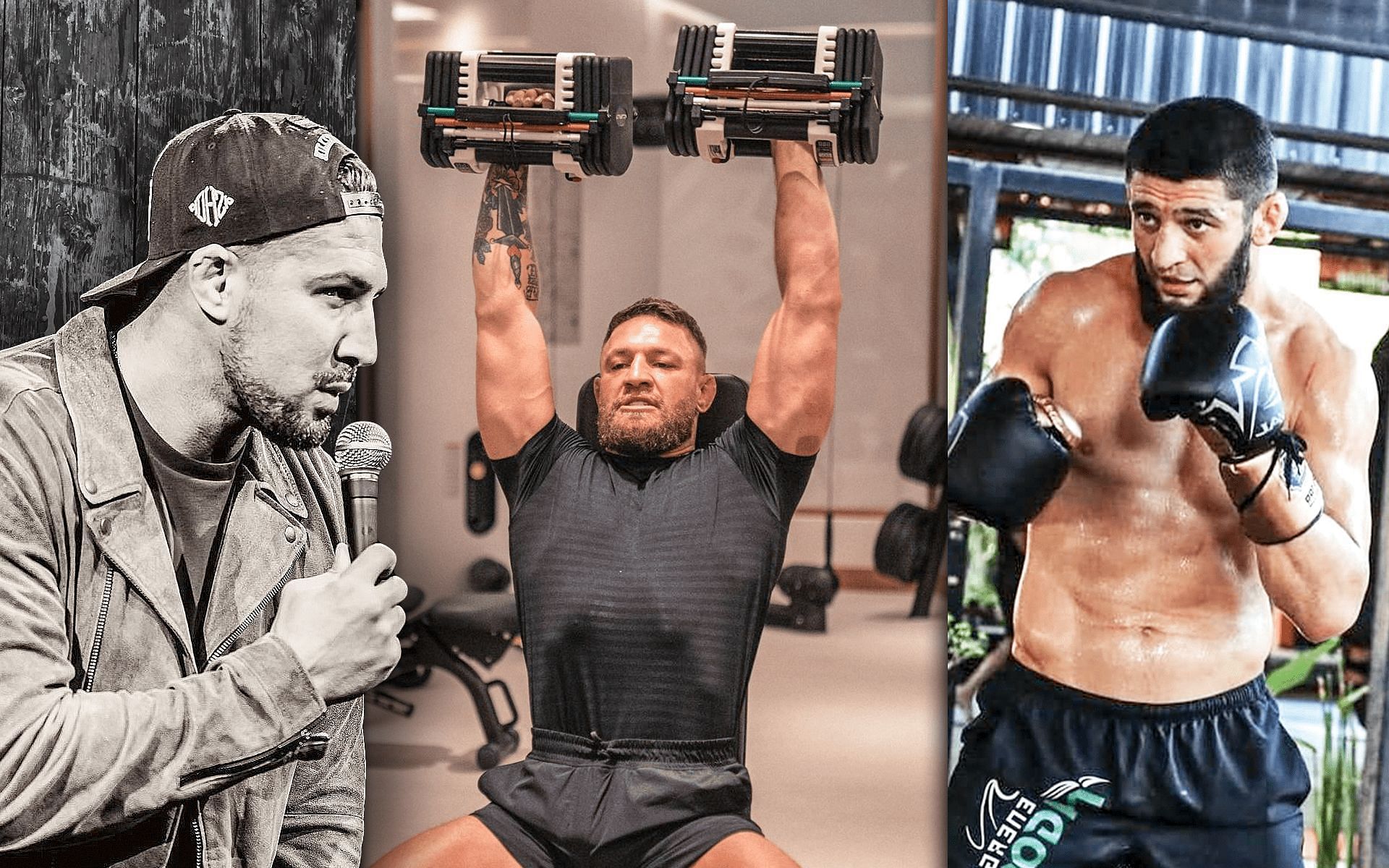 Brendan Schaub (left) has given his take on Khamzat Chimaev (right) offering to train Conor McGregor (center) [All images via Instagram]