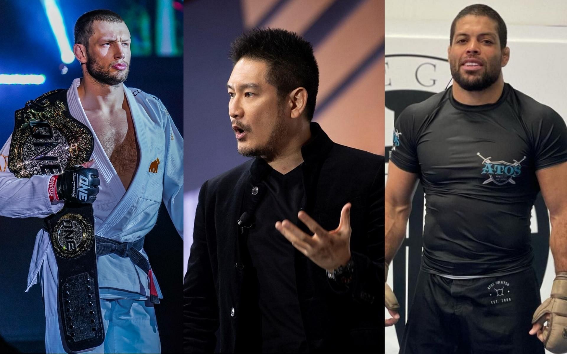 ONE CEO Chatri Sityodtong (middle) thinks Reinier de Ridder (left) is &quot;crazy&quot; for fighting Andre Galvao (right) in a submission grappling match at ONE X. (Images courtesy of ONE Championship)