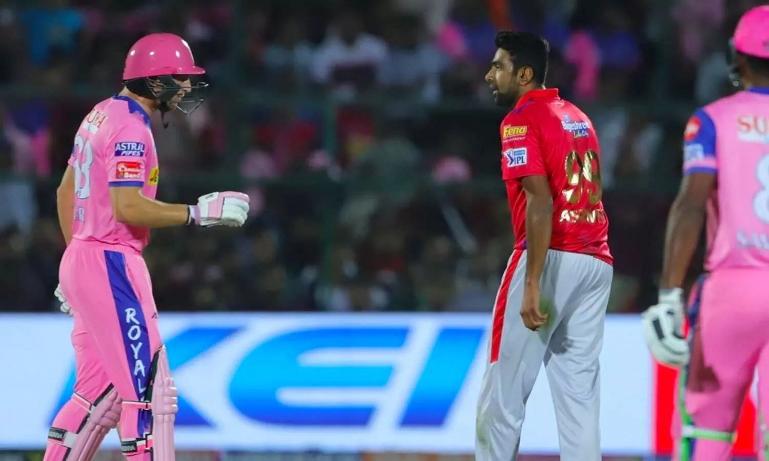 Jos Buttler (l) and Ravichandran Ashwin during the 2019 run-out incident. Pic: BCCI