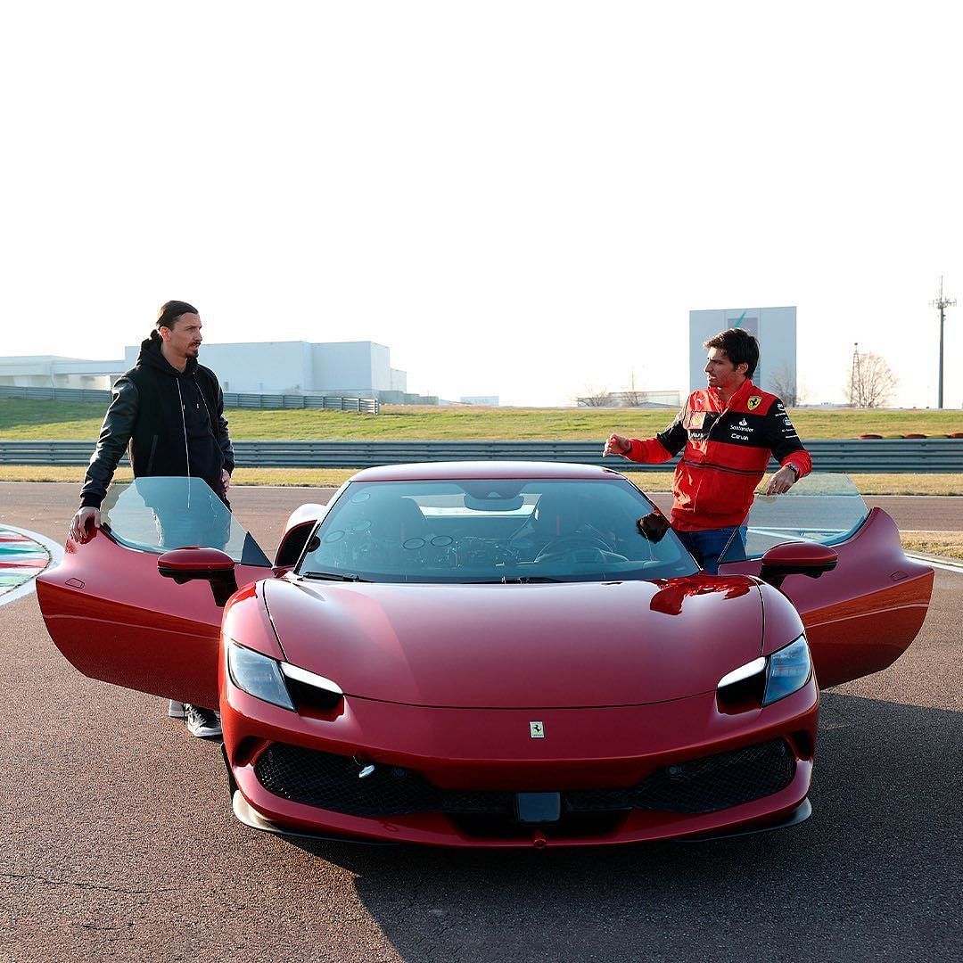Zlatan Ibrahimovic (left) and Ferrari&#039;s Carlos Sainz (Image source: Instagram/@scuderiaferrari)