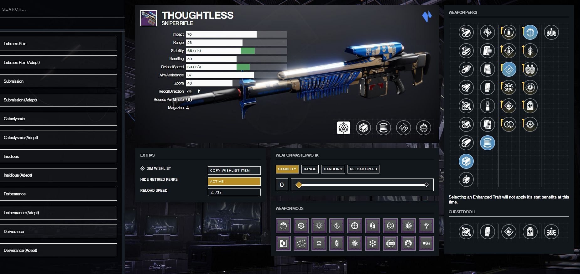 Thoughtless PvE perks (Image via Destiny 2 gunsmith)