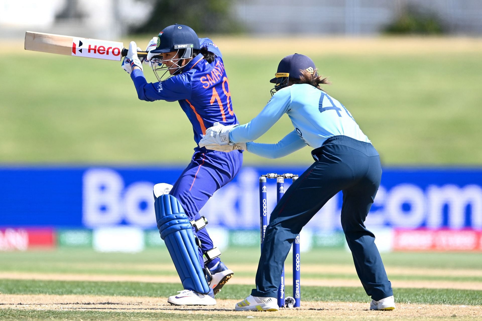 Smriti Mandhana bats during the 2022 ICC Women&#039;s Cricket World Cup match against England. Pic: Getty Images
