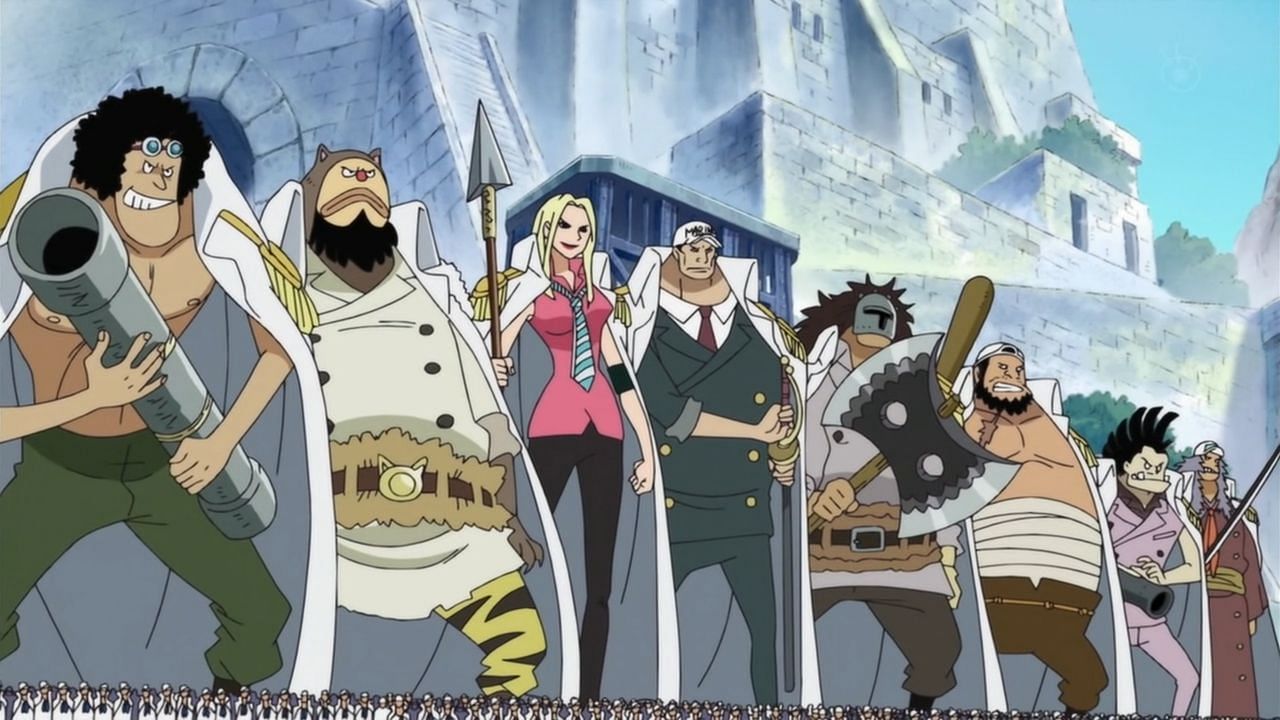 Giants as seen in the series&#039; anime, with humans in front of them (Image via Toei Animation)