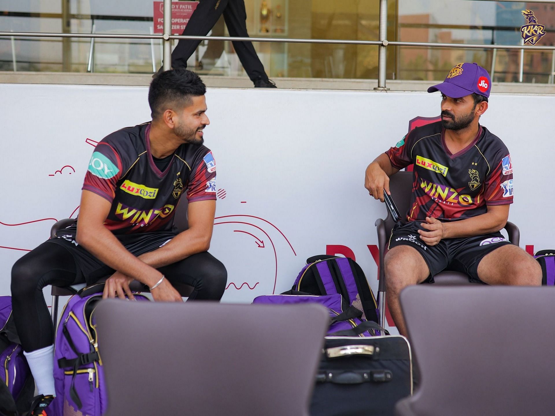 Ajinkya Rahane (R) and Shreyas Iyer (L) in discussion during KKR&#039;s training session [Credits: KKR]