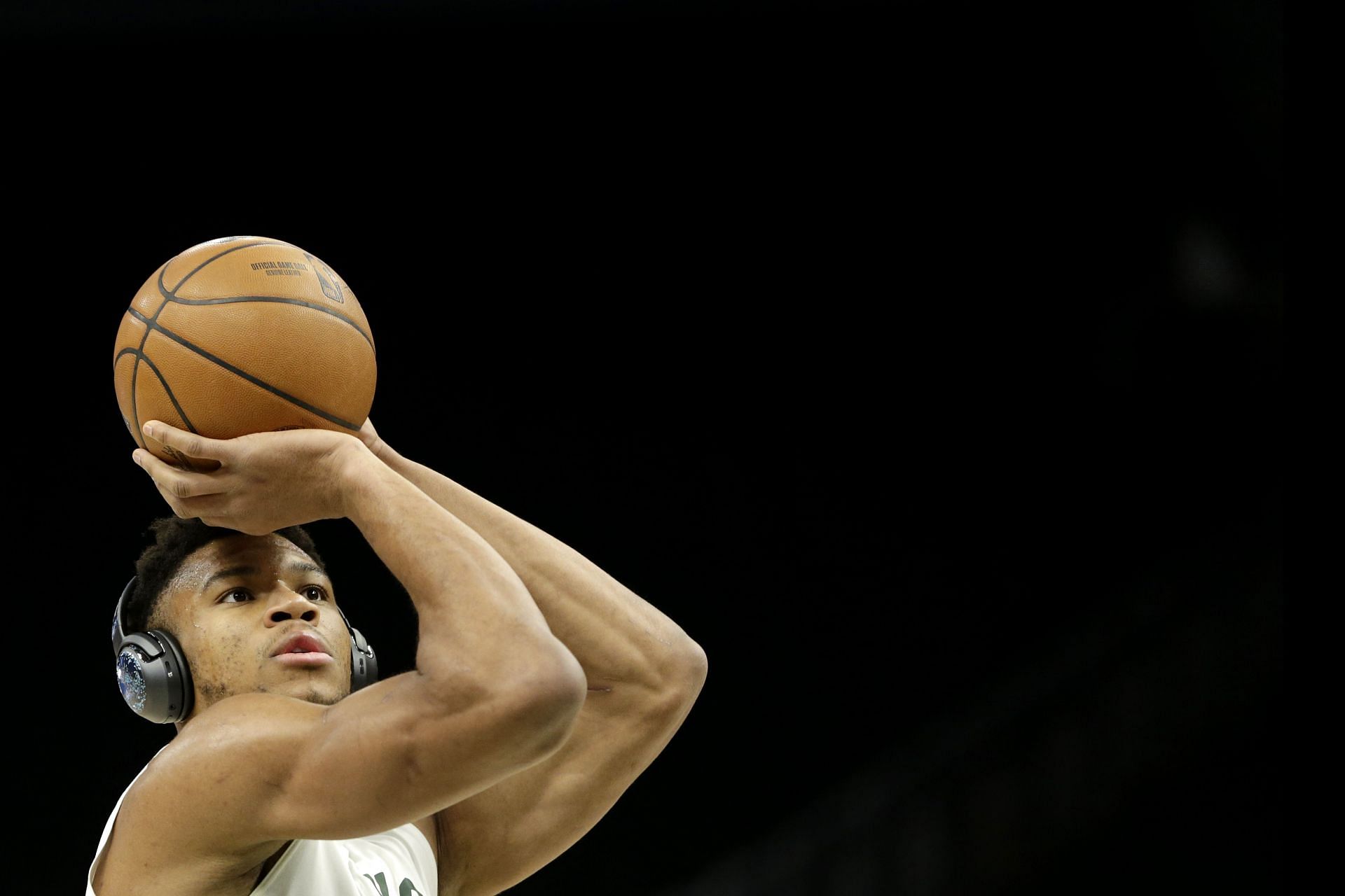 Giannis Antetokounmpo of the Milwaukee Bucks warms up pregame.