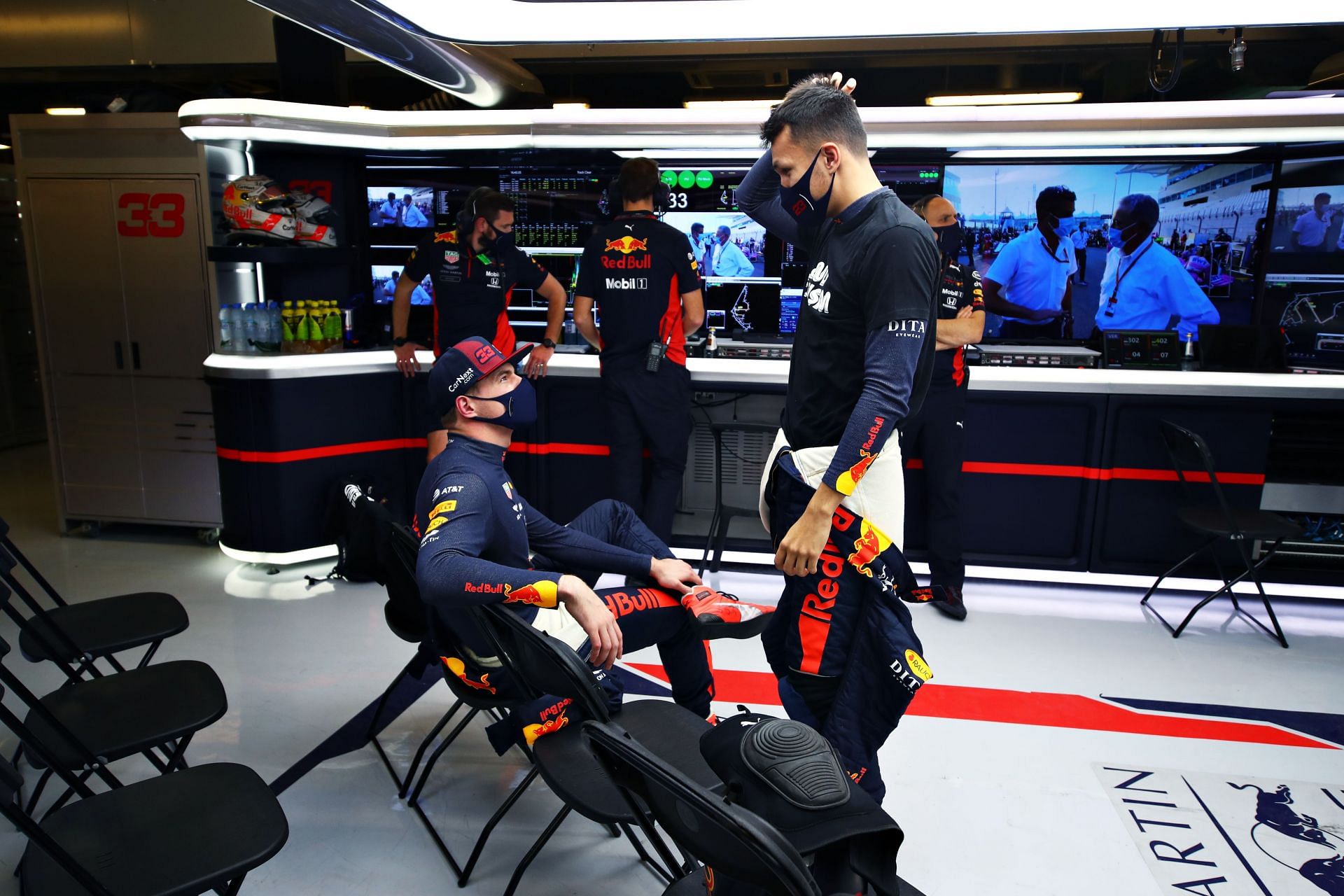 Max Verstappen (left) and Alex Albon (right) prior to the 2020 Abu Dhabi Grand Prix (Photo by Mark Thompson/Getty Images)