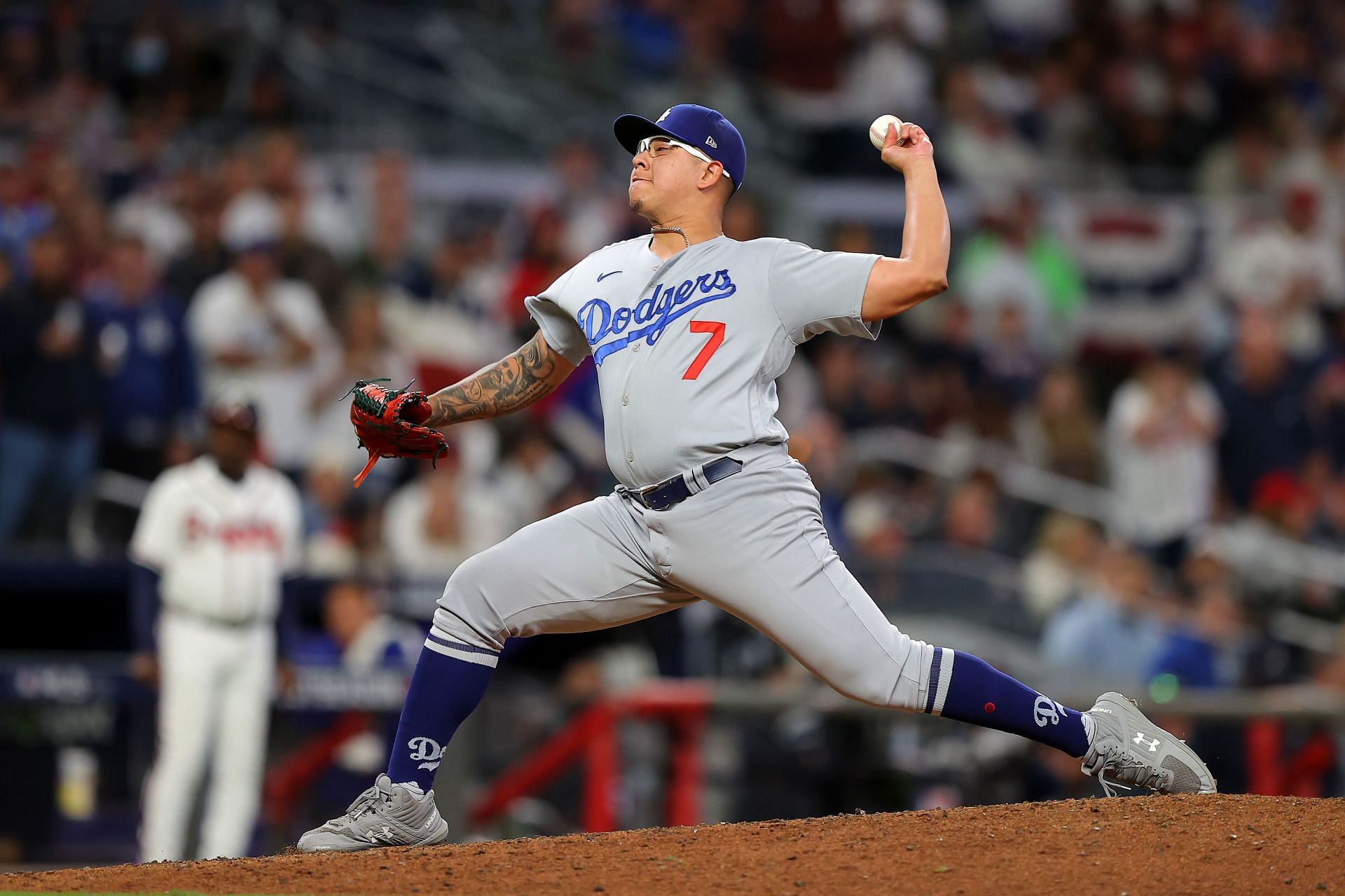 Julio Urias pitches against the Atlanta Braves