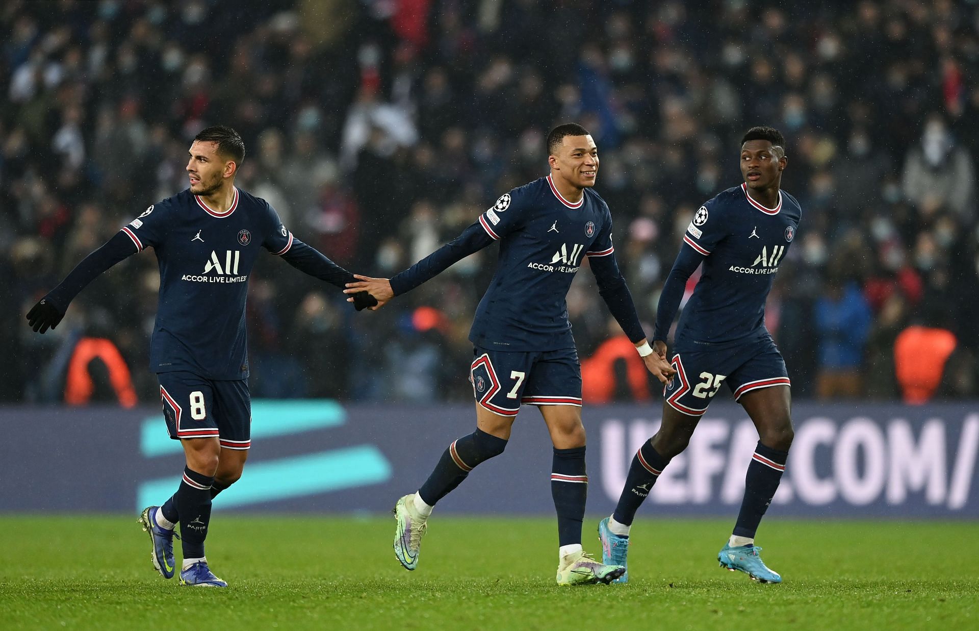 Kylian Mbappe (centre) was suspended for the game.