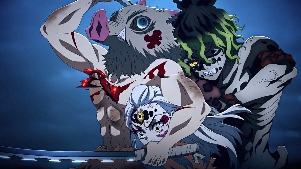 Inosuke Hashibira carrying Daki&#039;s head got stabbed by Gyutaro as seen in the anime Demon Slayer (Image via Ufotable)