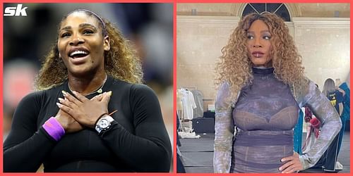 Serena Williams wearing one of Virgil Abloh's latest designs (R).