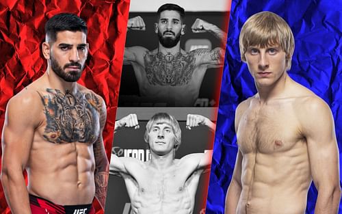 Ilia Topuria (left and top center. Image credit: UFC.com), Paddy Pimblett (right and bottom center. Image credit: UFC.com)