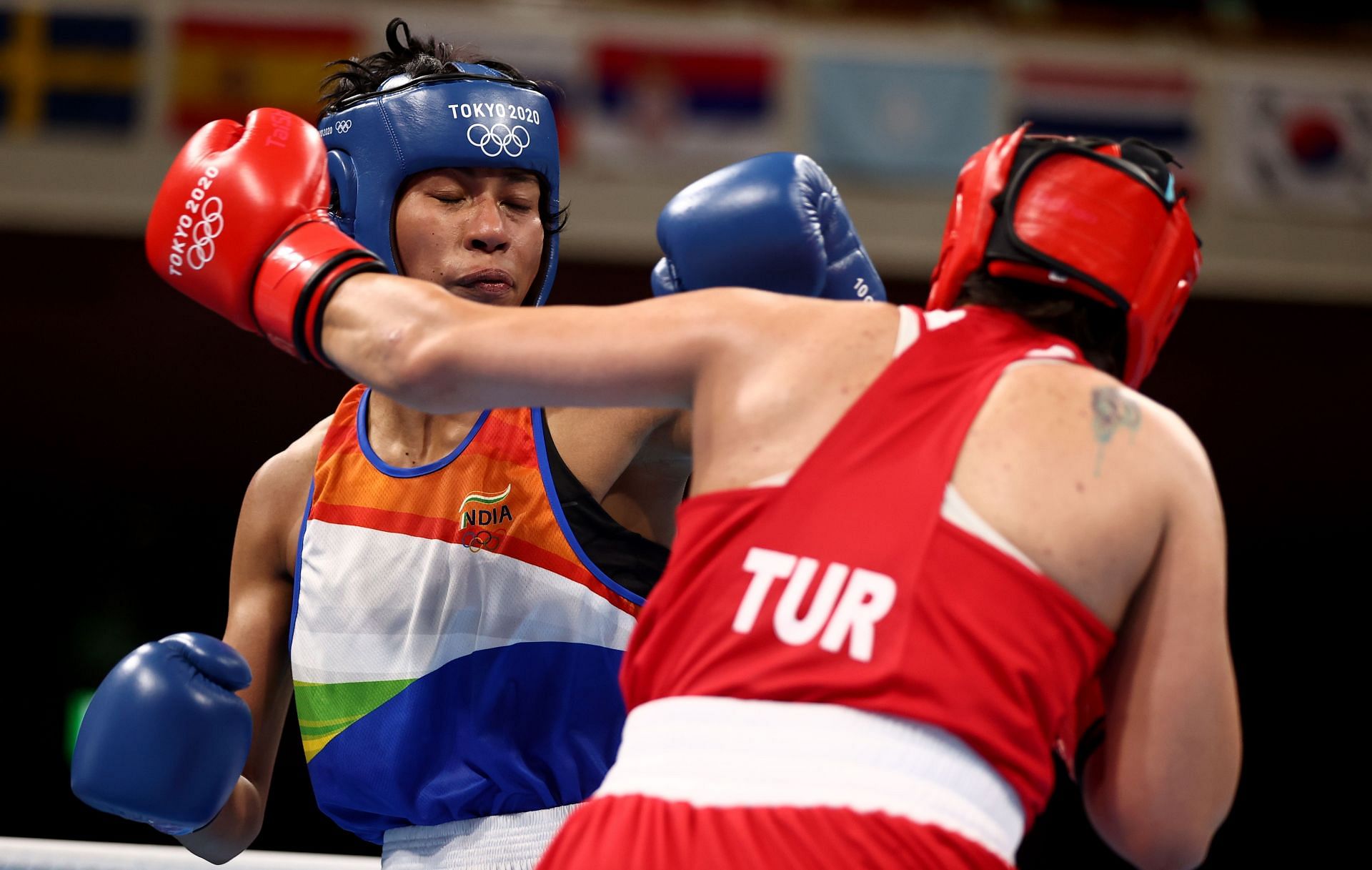 Lovlina Borgohain (in blue) in action at the Tokyo Olympics