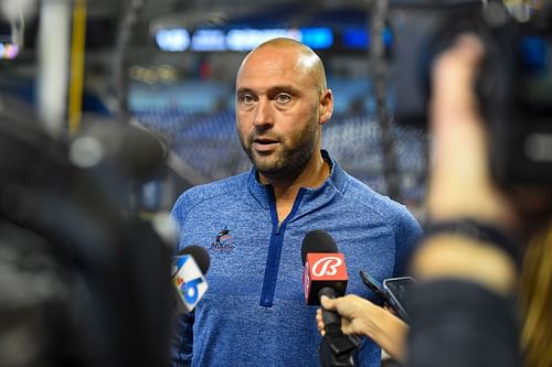 Miami Marlins CEO Derek Jetter speaks before the game with Philadelphia