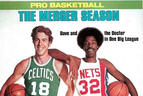 Dave Cowens, left, and Julius Erving in the first NBA-ABA season