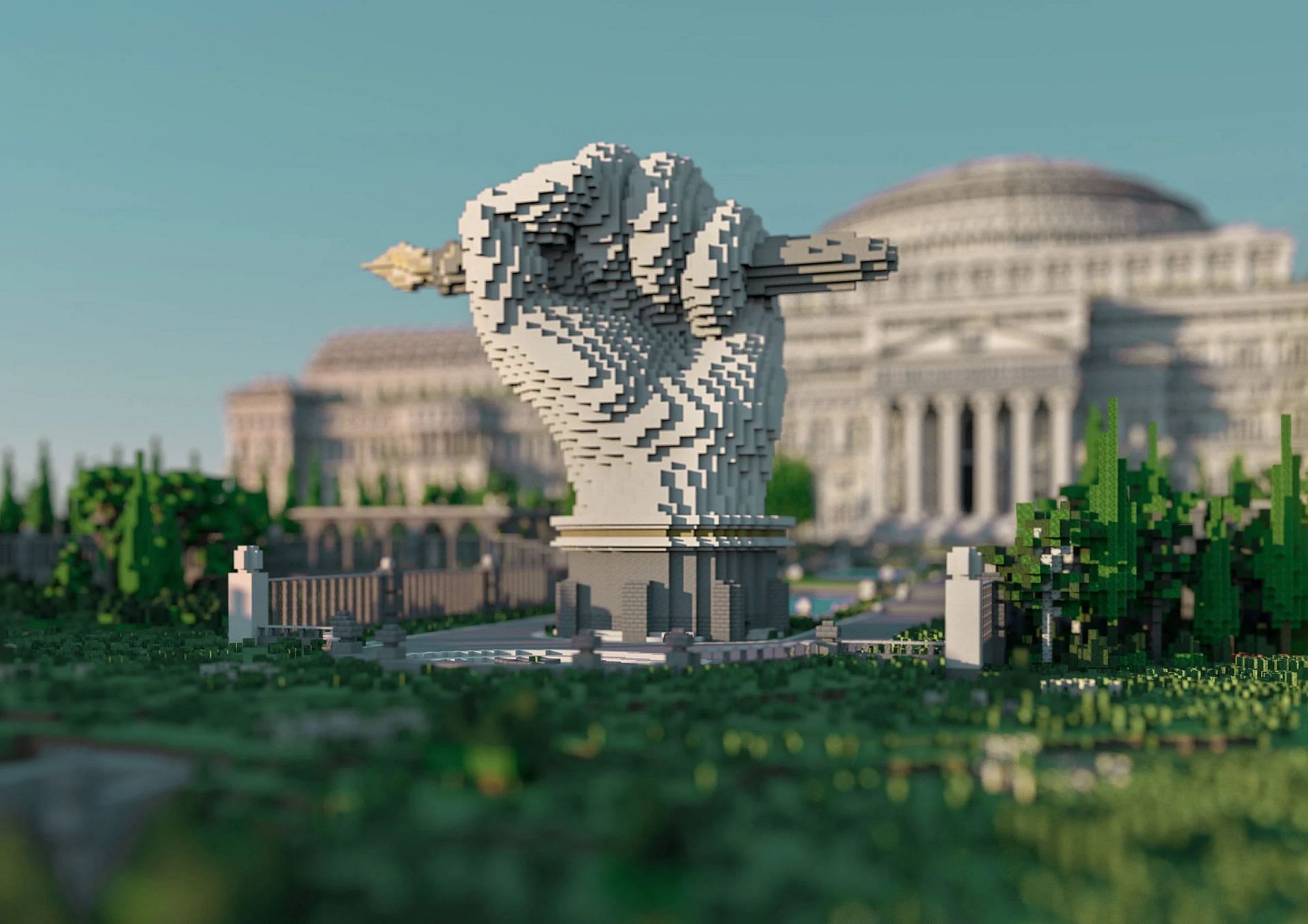 The statue outside the Uncensored Library, a Minecraft repository for journalistic information (Image via Journalists Without Borders)