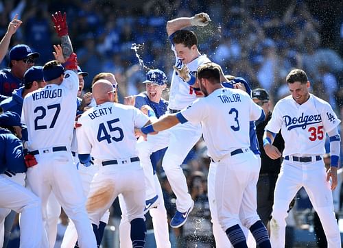 The LA Dodgers in a game against the Colorado Rockies