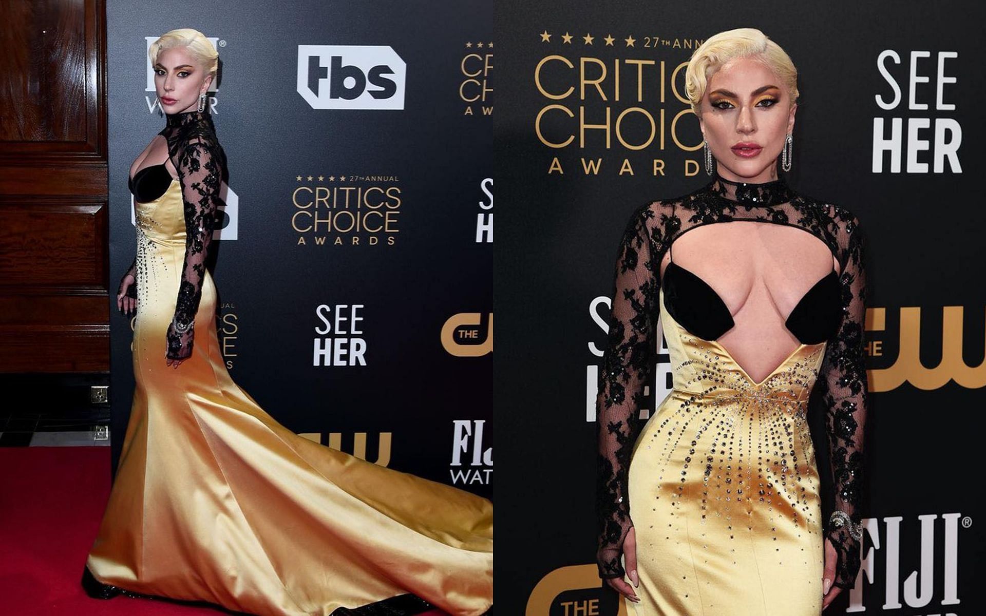 Lady Gaga was donning a satiny golden and black dress for the awards show (Image via Instagram/LadyGaganownet)