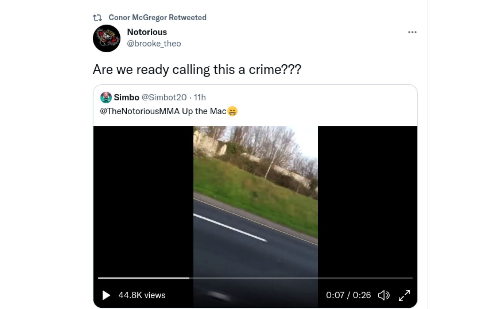 Screenshot of Conor McGregor retweeting the fan video