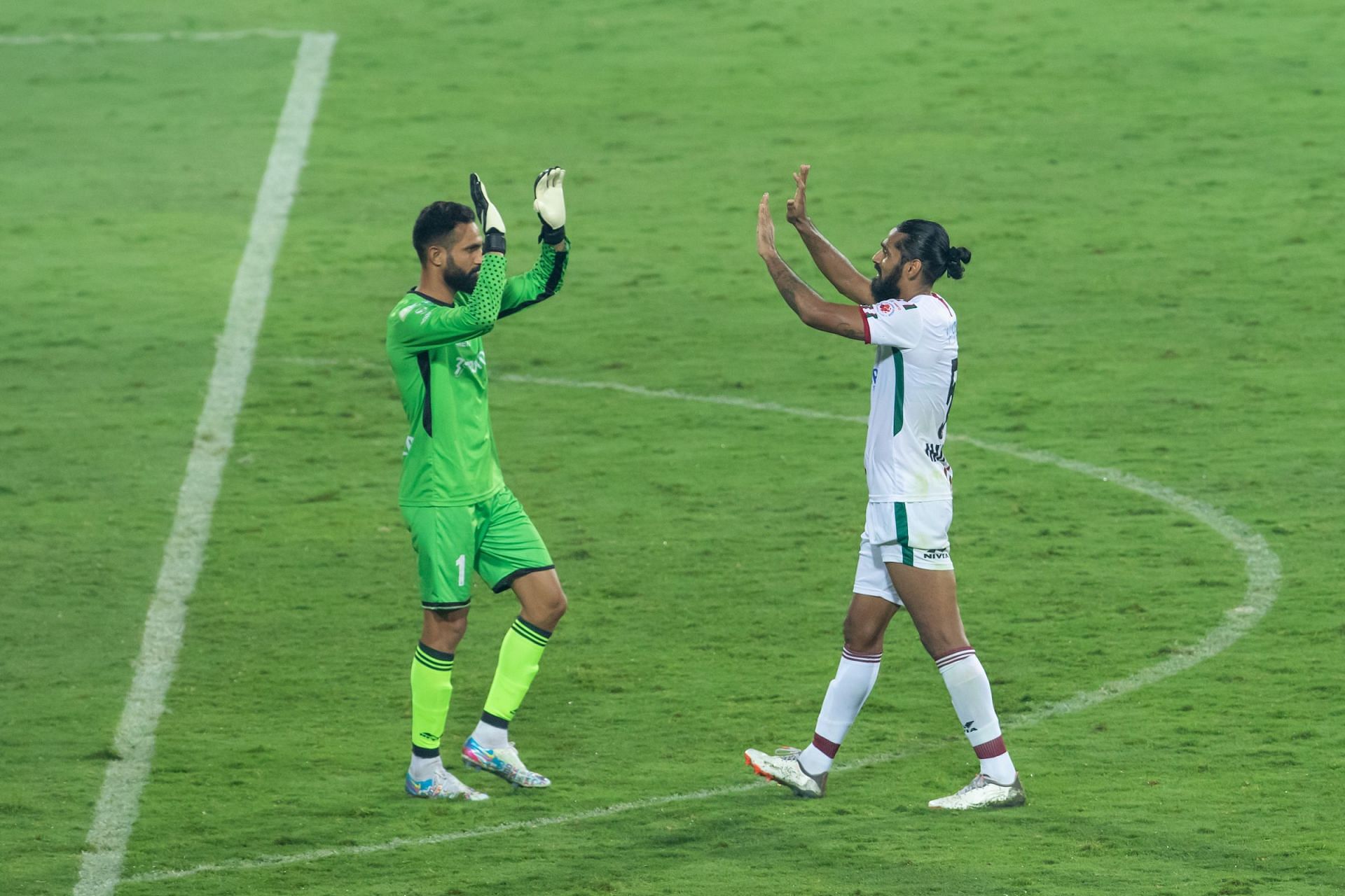 ATK Mohun Bagan&#039;s Amrinder Singh and Sandesh Jhingan celebrate their win against Chennaiyin FC (Image Courtesy: ISL)