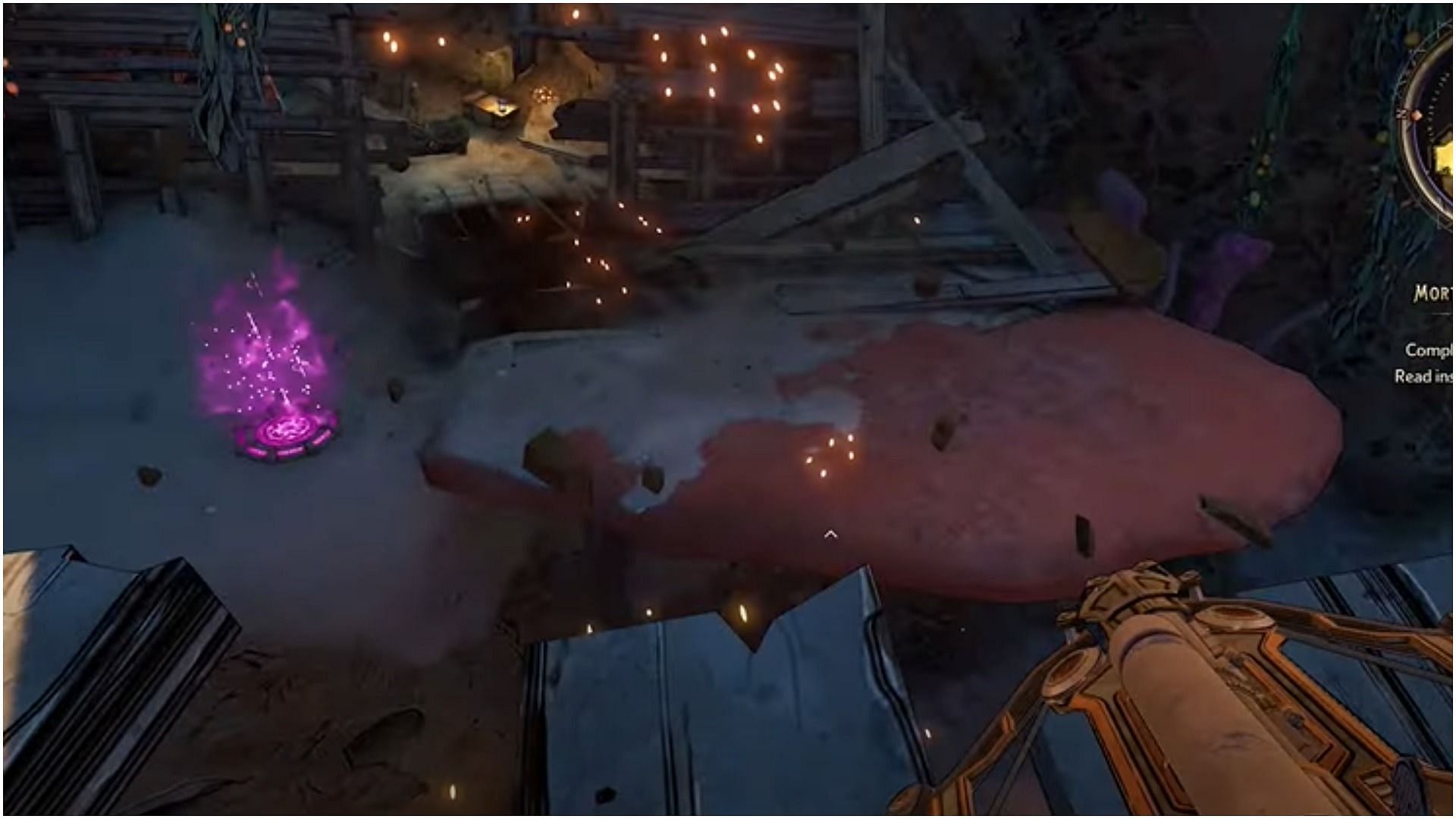 Players should utilize one of the cannonballs from that region to destroy a wooden building in Tiny Tina&#039;s Wonderlands (Image via YouTube/100% Guides)