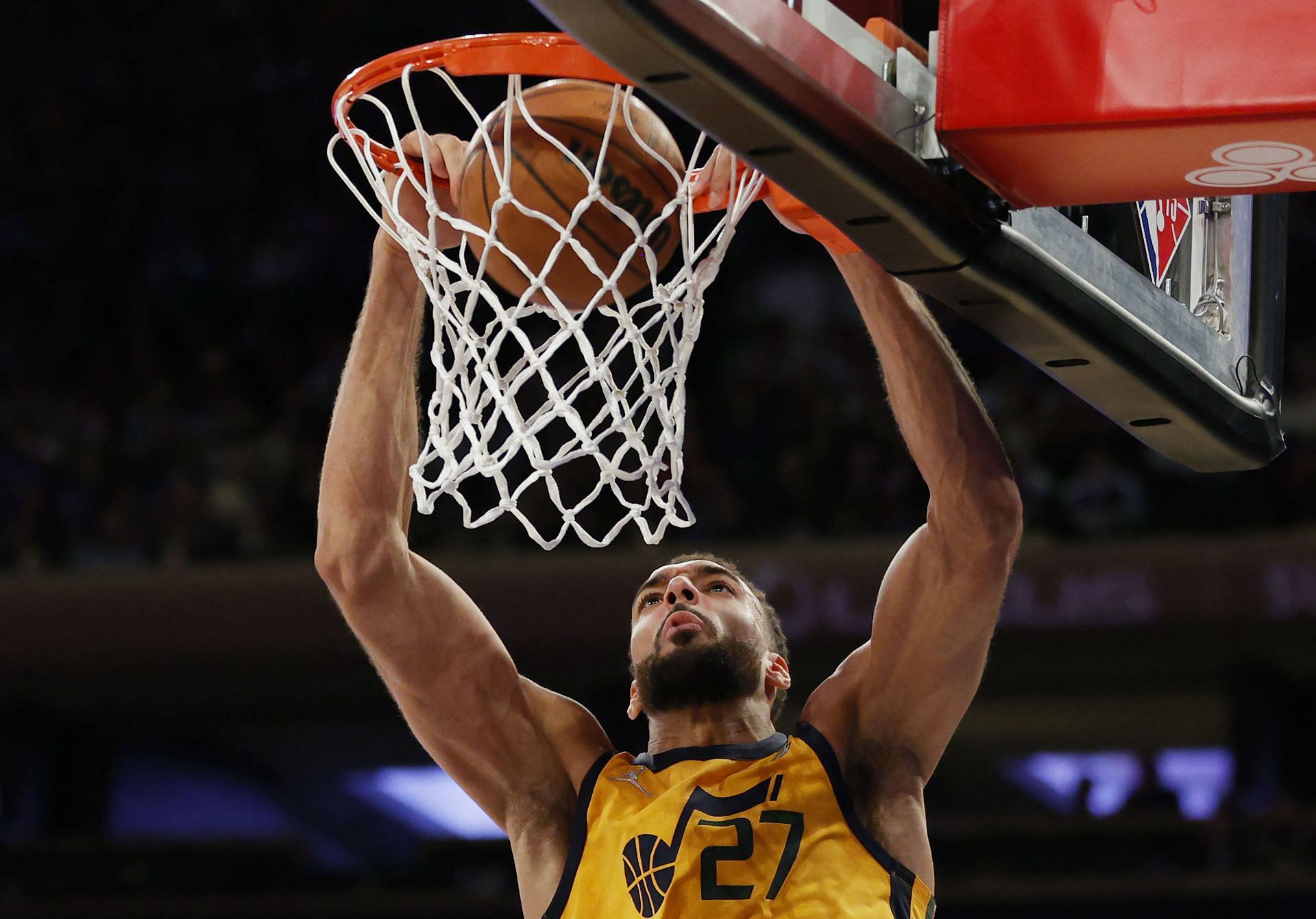 Rudy Gobert of the Utah Jazz dunks against the New York Knicks