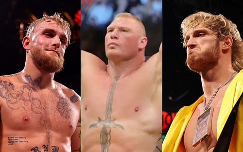 Jake Paul [left], Brock Lesnar [center], Logan Paul [right]