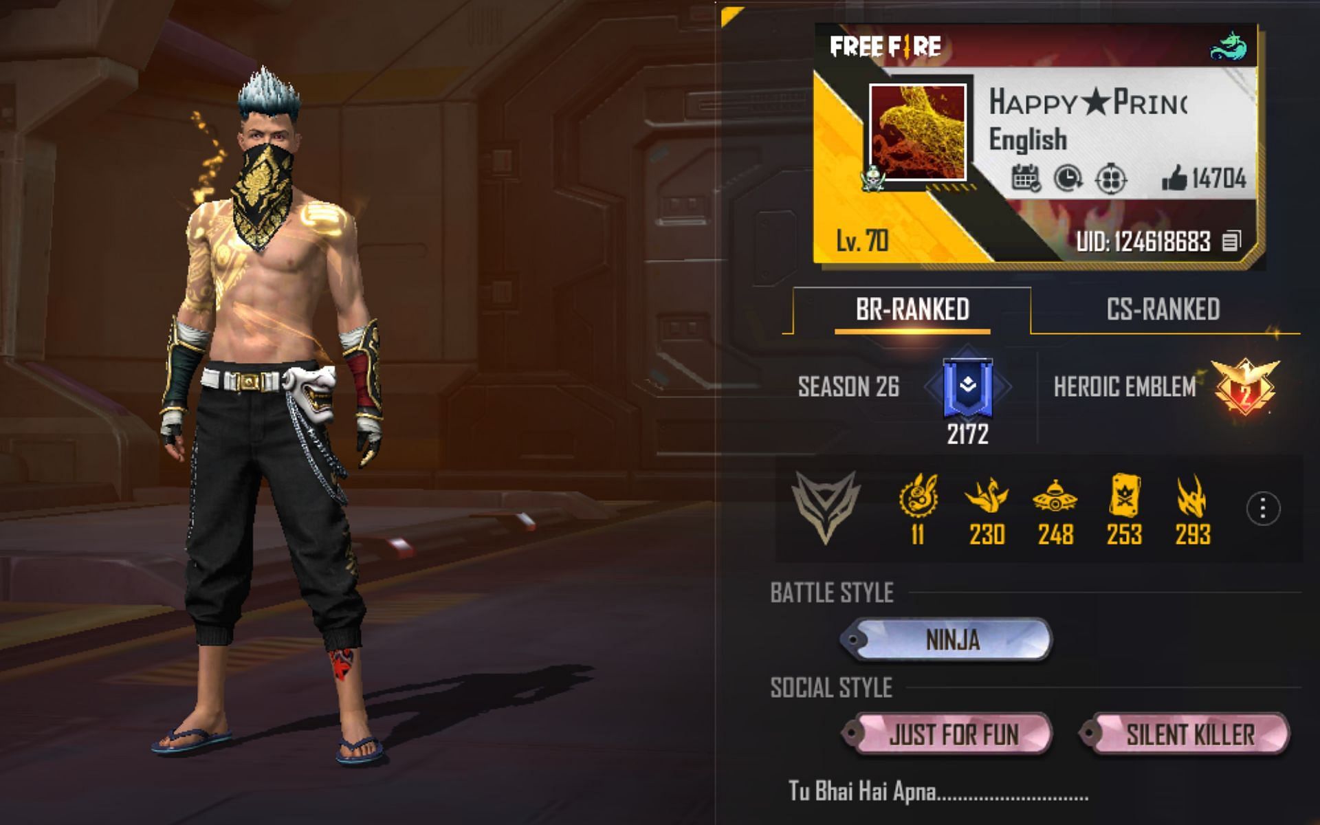 Happy Prince Gaming&rsquo;s Free Fire MAX ID (Image via Garena)