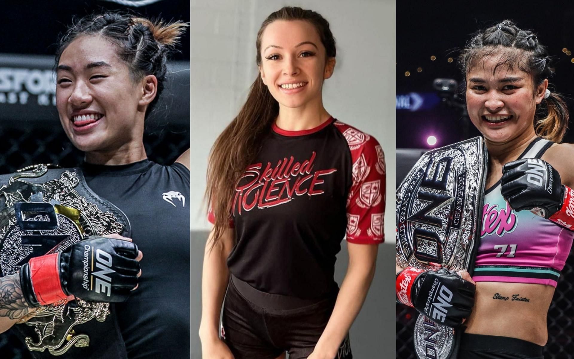 ONE jiujitsu fighter Danielle Kelly (center) weighs in on title match between Angela Lee (left) and Stamp Fairtex (right). (Images courtesy of ONE Championship)