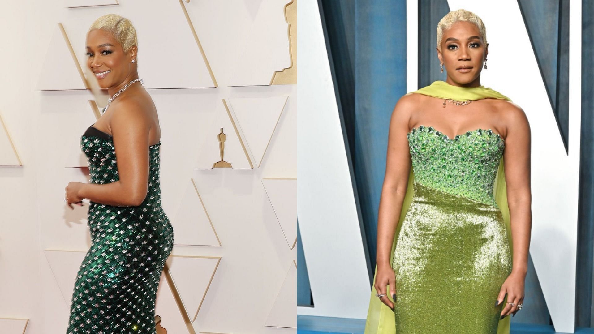 Tiffany Haddish corrected a reporter for mistaking her gown for a costume at the Vanity Fair Oscars Party (Image via Mike Coppola/Getty Images and Rich Fury/Getty Images)