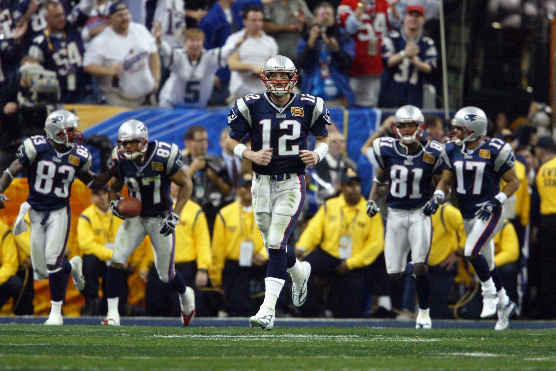Brady on a different kind of dash, one back to the sidelines after a Super Bowl touchdown (Photo: Getty)