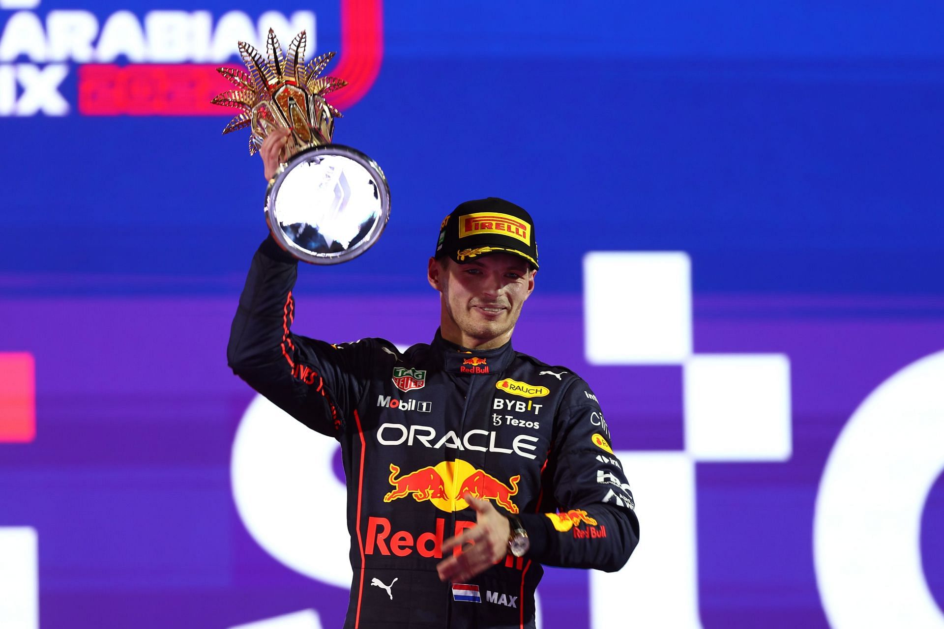 Max Verstappen on the podium at the Grand Prix of Saudi Arabia