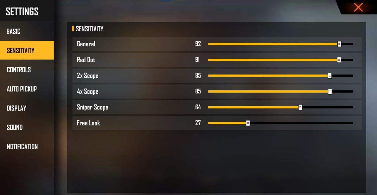 Example of sensitivity settings for 8 GB RAM mobiles (Image via Garena)