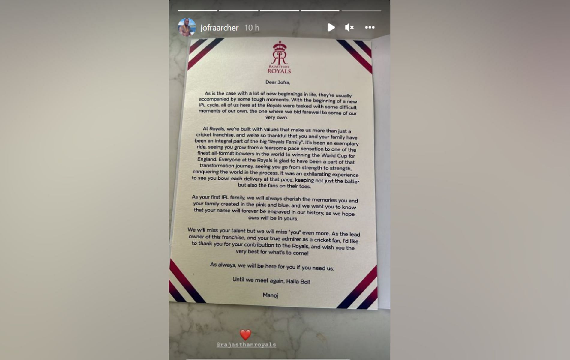 Rajasthan Royals sent a farewell message to Jofra Archer