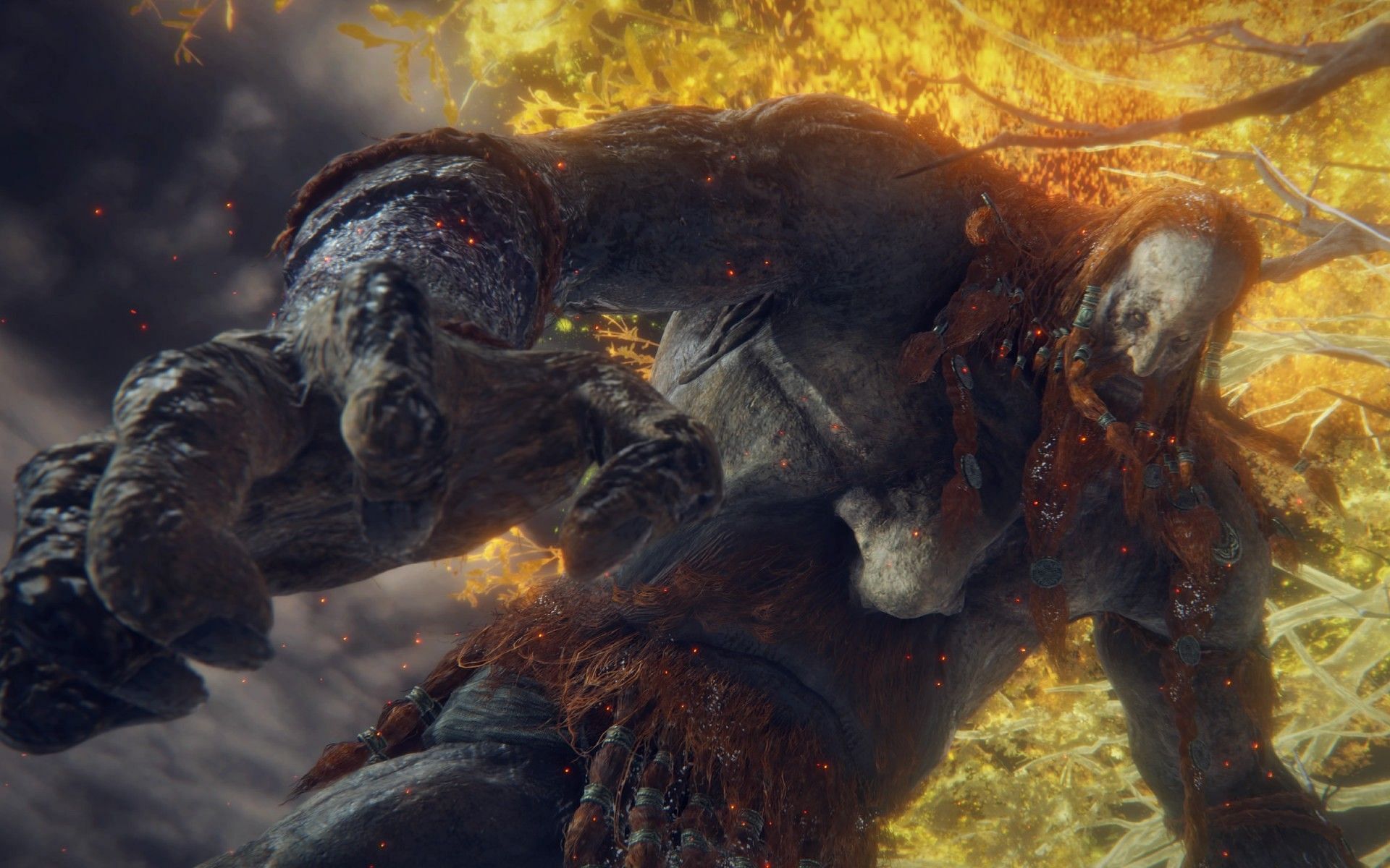 Players will need to defeat the Fire Giant to move on to the Forge of the Giants. (Image via FromSoftware)