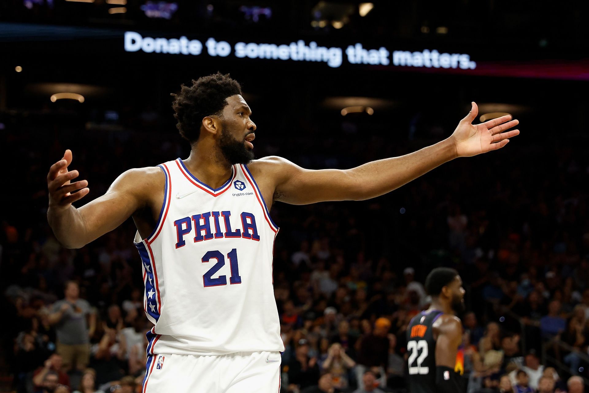 Joel Embiid of the Philadelphia 76ers reacts to a play