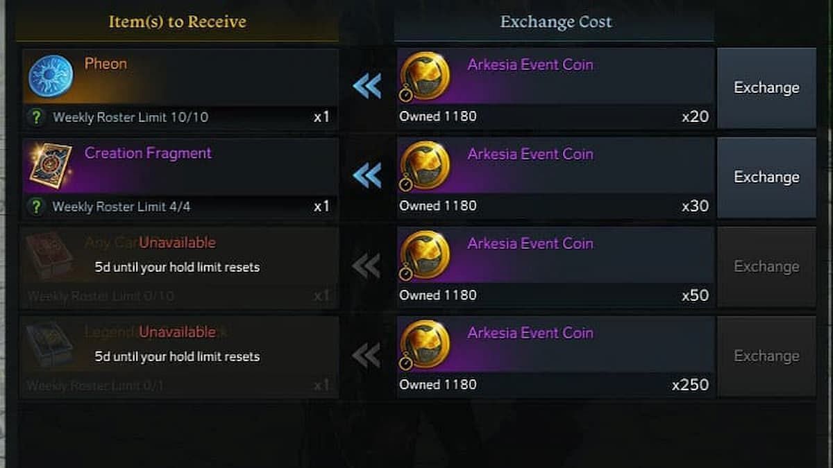 A look at some of the items available with Arkesia Event Coins (Image via Smilegate)