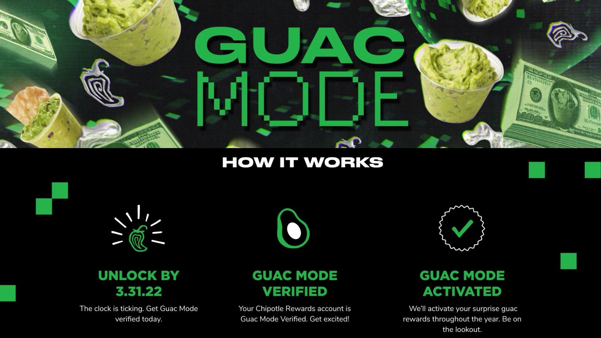 Once &#039;Guac Mode&#039; is activated, members get surprise guac rewards throughout the year (Images via Chipotle)