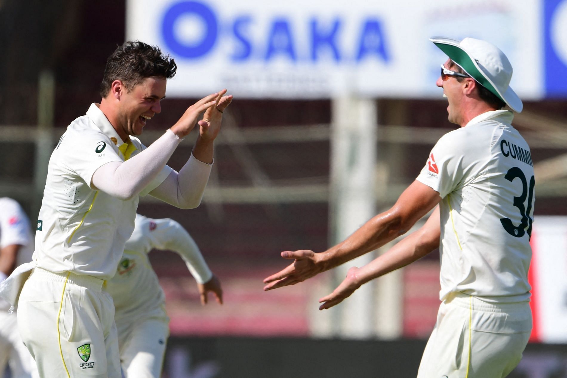 The Aussies celebrate a wicket. Pic: Cricket Australia